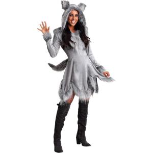 Adult Wolf Halloween Costume | Women’s Werewolf Hooded Dress with Tail and Ears(Gray)
