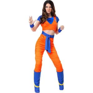 Dragon Ball Z Female Goku Cosplay Costume Orange Anime Outfit with Draped Shirt, Vest, and Pants