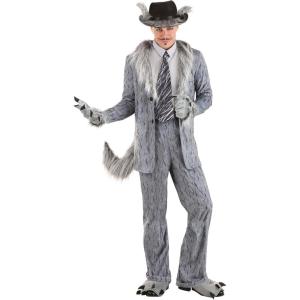 Mens Big Bad Wolf Halloween Costume | Adult Gray Wolf Suit with Shirt, Pants, Jacket, Gloves, and Hat