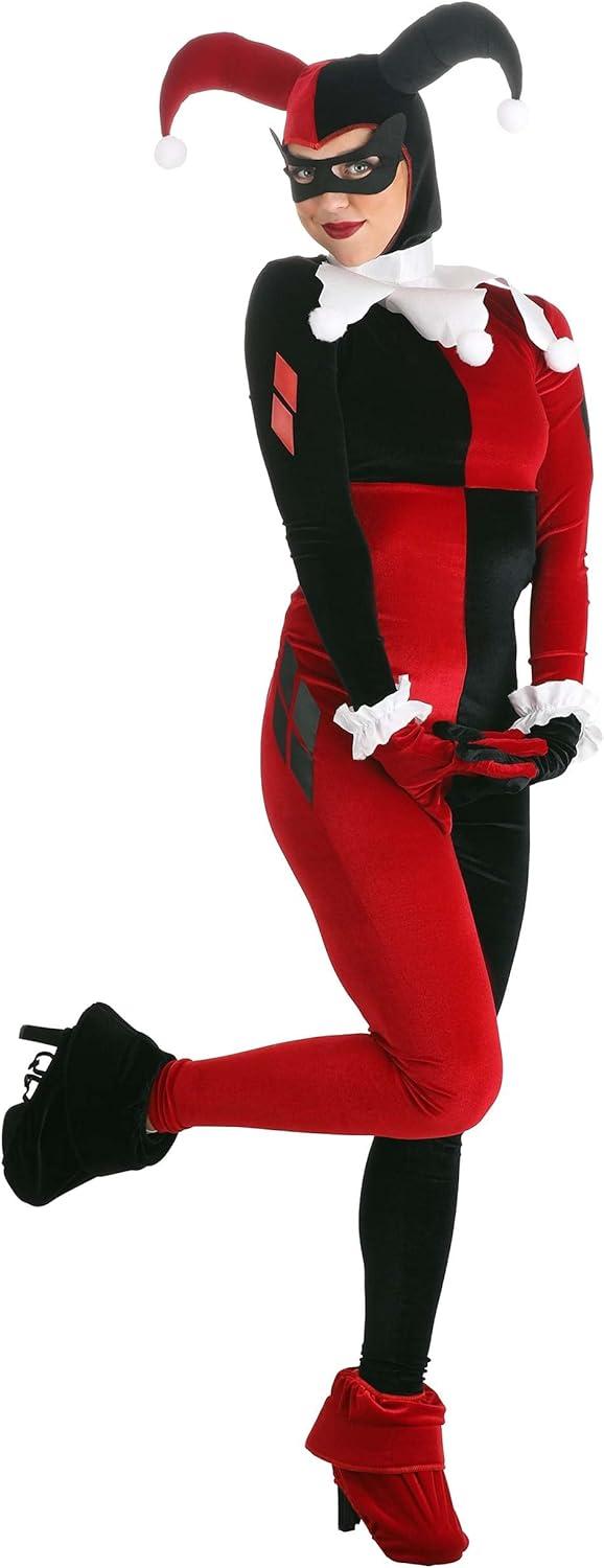 imageDeluxe Womens Harley Quinn Costume DC Comics Harley Quinn Jumpsuit Hood Mask Cuffs Gloves ampamp Boot Tops