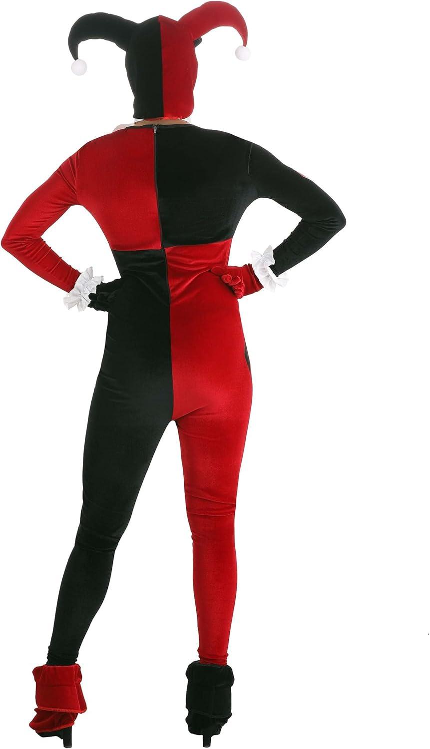 imageDeluxe Womens Harley Quinn Costume DC Comics Harley Quinn Jumpsuit Hood Mask Cuffs Gloves ampamp Boot Tops