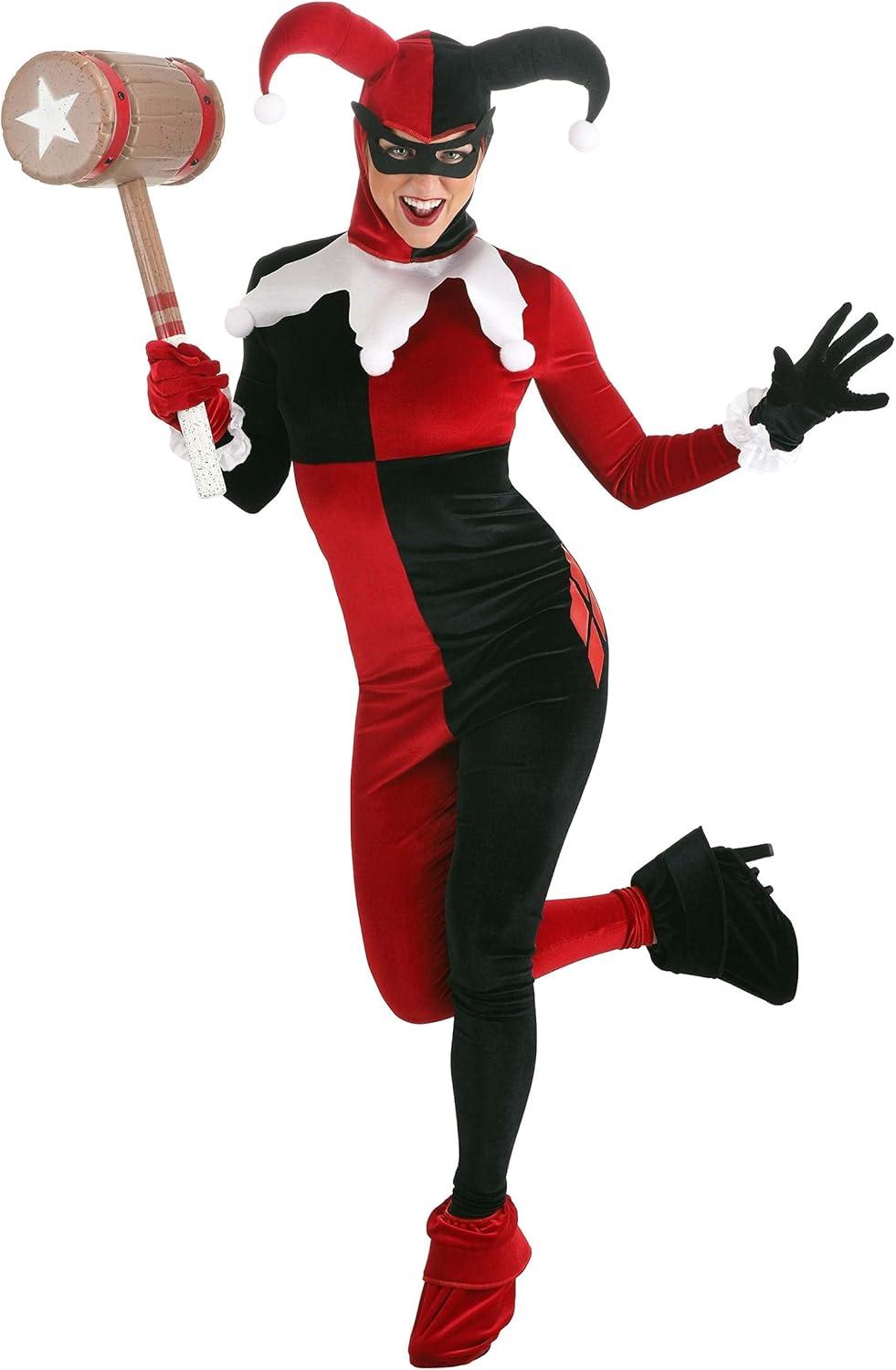 imageDeluxe Womens Harley Quinn Costume DC Comics Harley Quinn Jumpsuit Hood Mask Cuffs Gloves ampamp Boot Tops