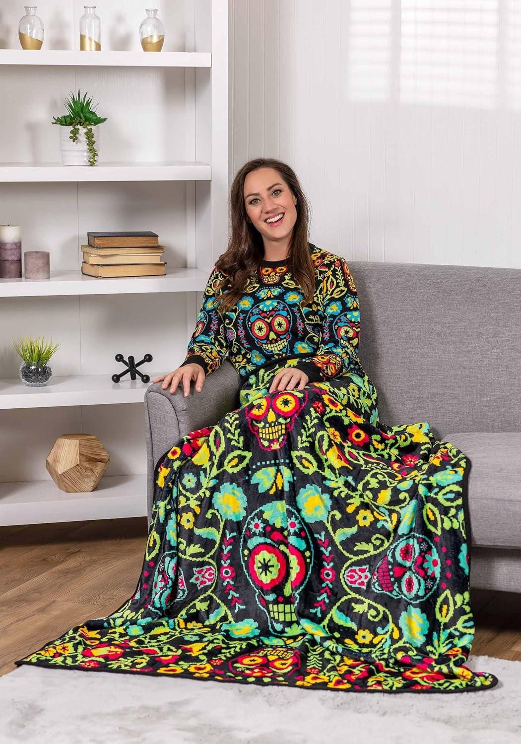 imageFun Costumes Colorful Floral Sugar Skull Halloween Fleece Microfiber Throw Blanket 60quot x 48quot  Soft Comfy Spooky Home Decor STStandard