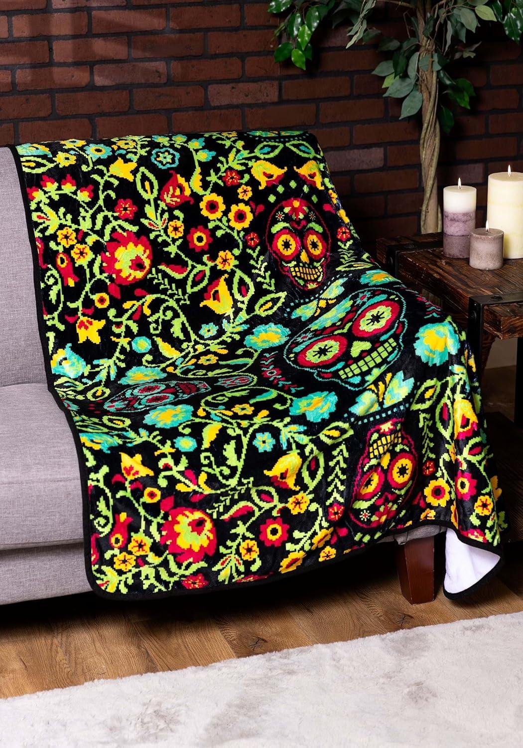 imageFun Costumes Colorful Floral Sugar Skull Halloween Fleece Microfiber Throw Blanket 60quot x 48quot  Soft Comfy Spooky Home Decor STStandard