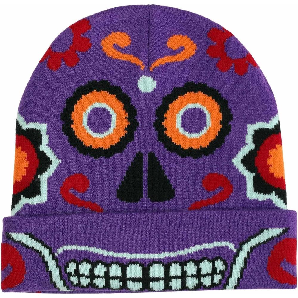 imageDay of the Dead Knit Beanie Hat with Turned Up Cuff and Sugar Skull Graphics