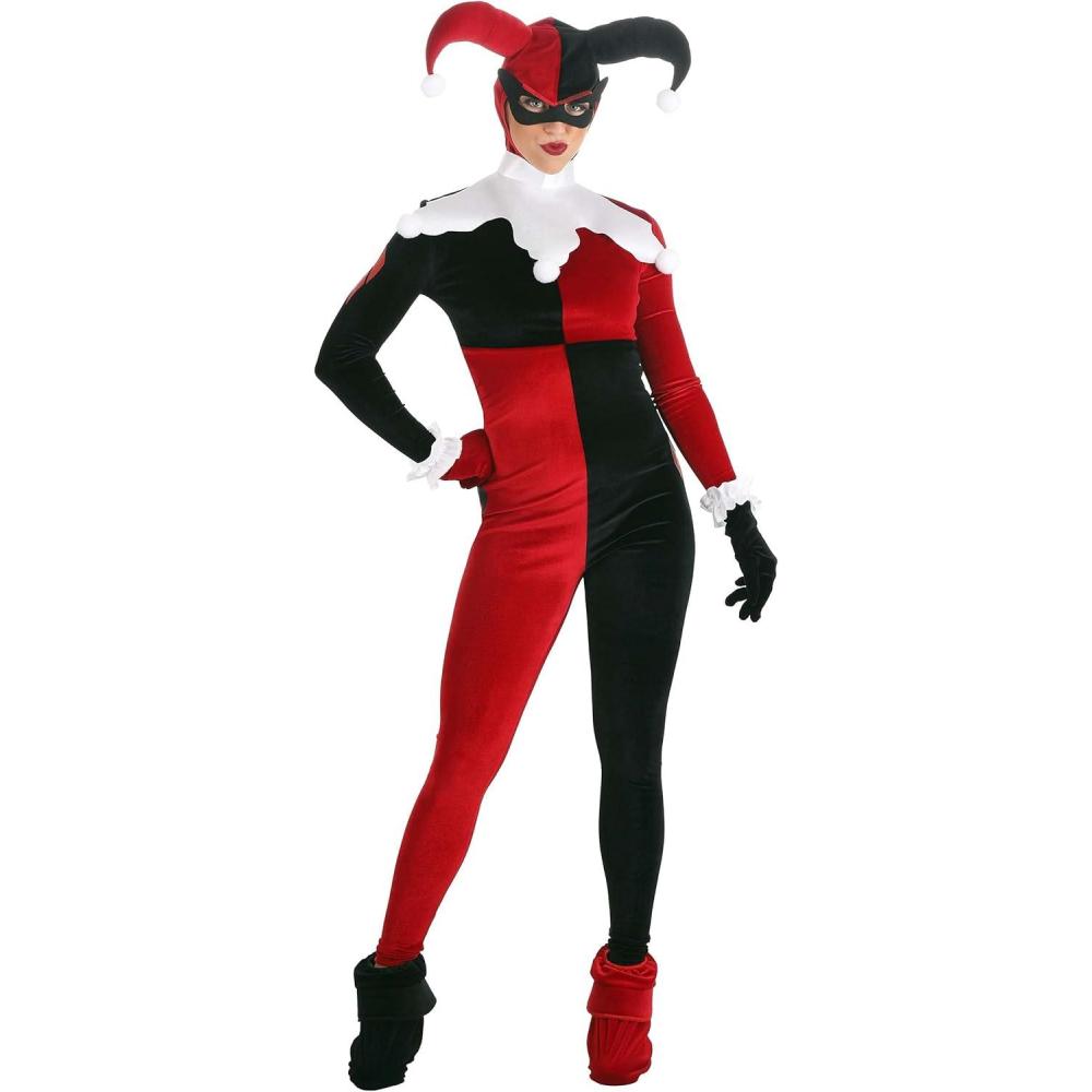 imageDeluxe Womens Harley Quinn Costume DC Comics Harley Quinn Jumpsuit Hood Mask Cuffs Gloves ampamp Boot Tops