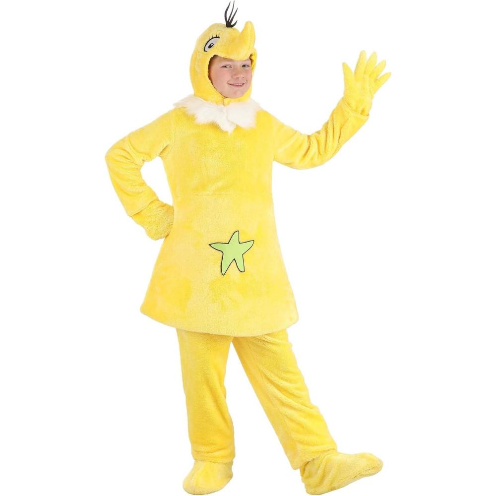 imageDr Seuss Kids Star Bellied Sneetch Costume Yellow Bird Storybook Character Tunic Pants Hood Socks ampamp Glove Covers