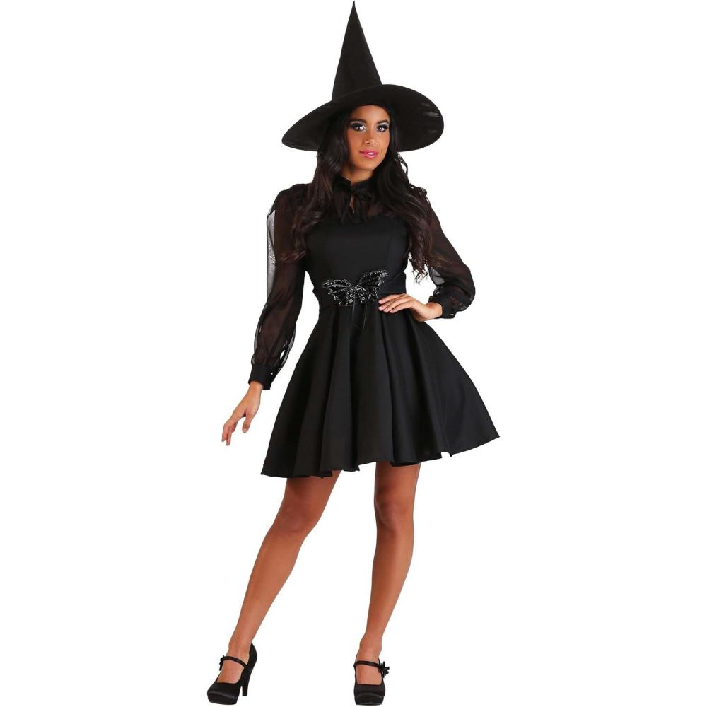 imageEnchanting Womens Spellbinding Sweetie Witch Costume  Elegant Witch Dress with BatWing Buckle Chiffon Sleeves Unique Hat