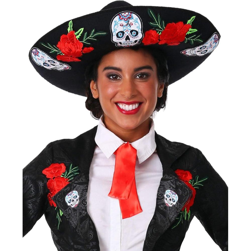 imageFun Costumes Day of the Dead Adult Sombrero  Colorful Wide Brim Hat with Skull and Red Rose Embroidery