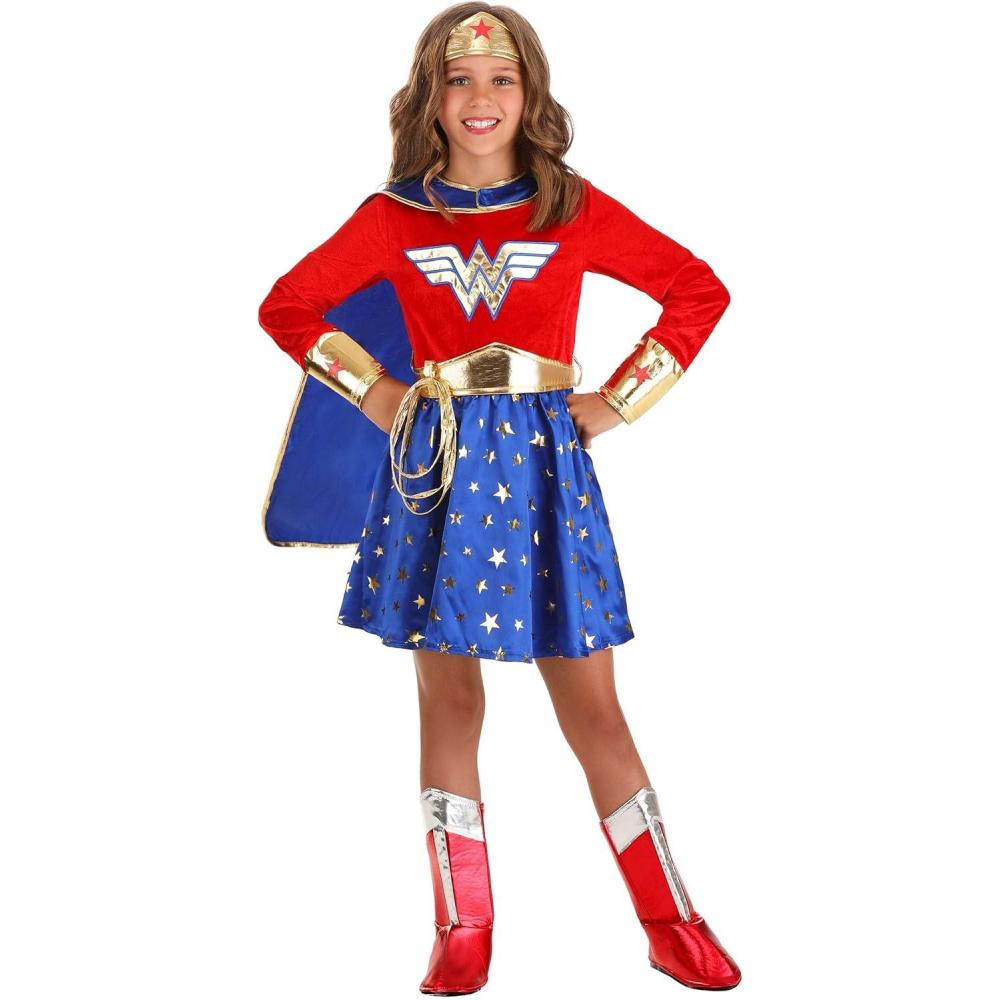 imageGirls Wonder Woman Costume Cape ampamp Tiara Accessory Red White ampamp Blue Long Sleeve Dress for Superhero Outfit
