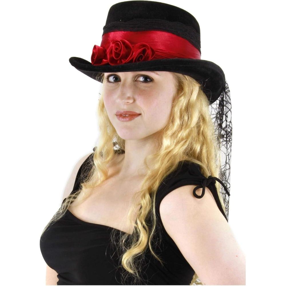 imageGothic Red Rose Top Hat  Velvet Hat with Satin Roses and Lace Veil