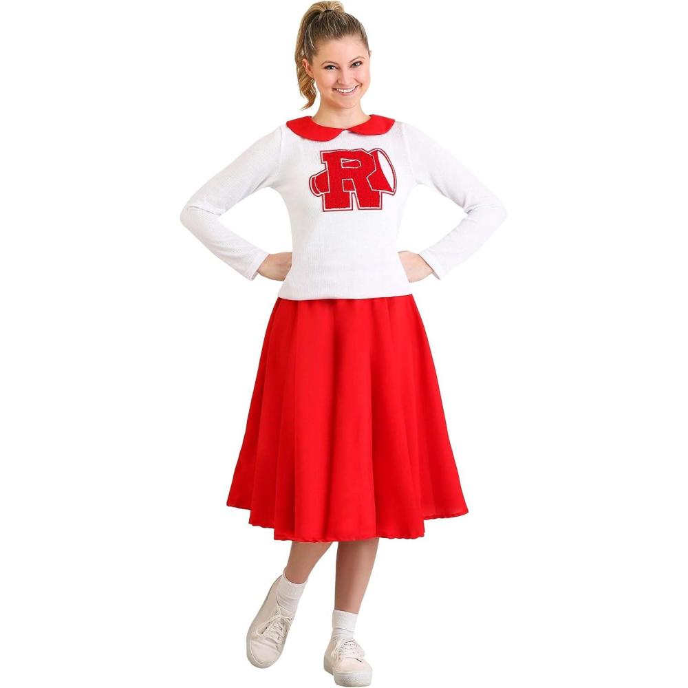imageGrease Womens Rydell High Cheerleader Costume Vintage Red and White Cheer Squad Halloween OutfitBundle W Wig