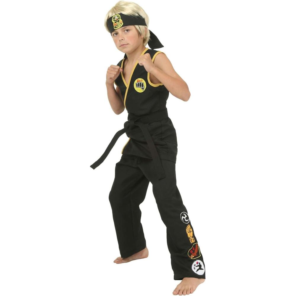 imageKids Black Cobra Kai Costume Boys Sleeveless Karate Gi Uniform Halloween Outfit