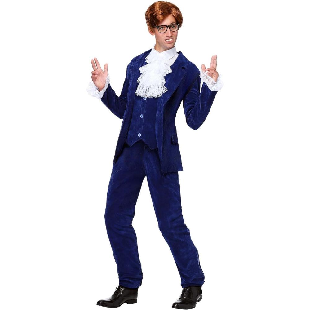imageMens 60s Spy Swinger Deluxe Halloween Costume  Adult Shagadelic Outfit with Navy Blue Velvet with Lace Cuffs Vest ampamp PantsBundle W Wig