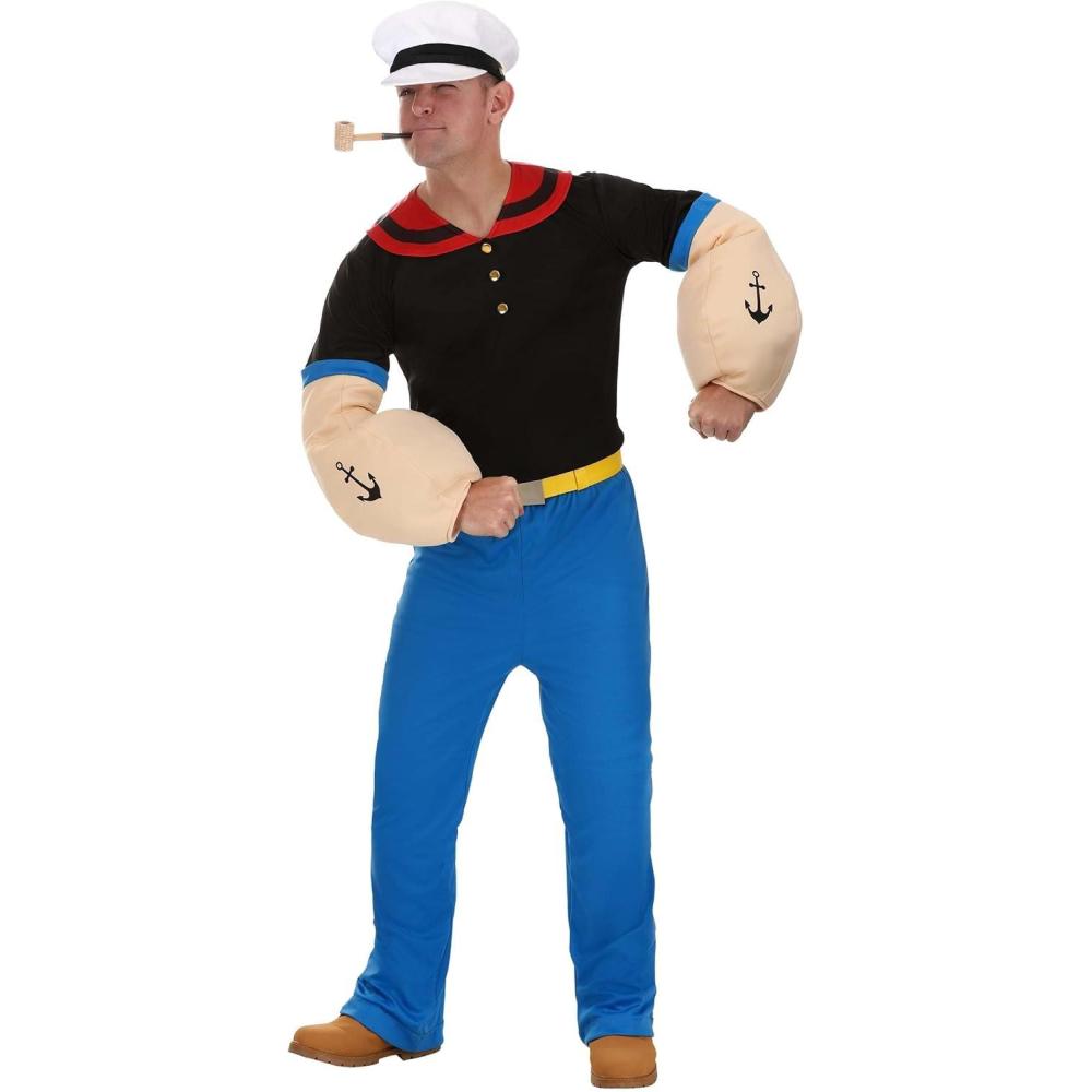 imageMens Deluxe Popeye the Sailor Halloween Costume with Hat and Pipe Authentic Adult Cartoon Character Outfit