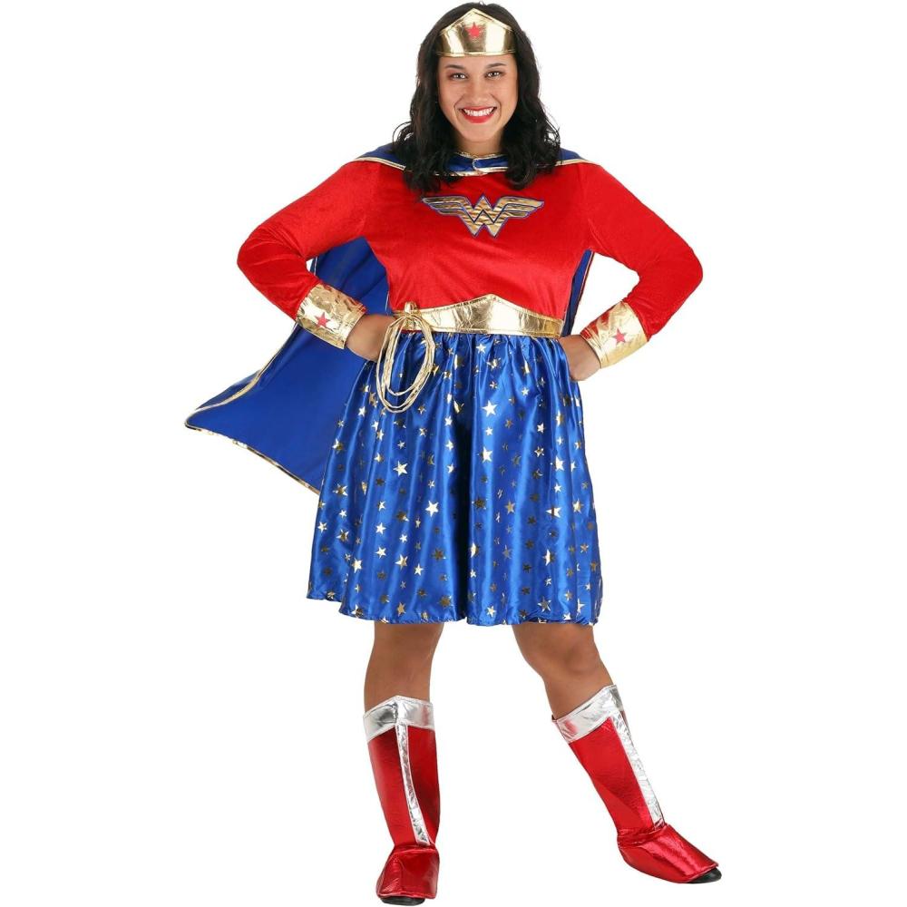 imagePlus Size Wonder Woman Costume Red White ampamp Blue Long Sleeve Dress Superhero Outfit ampamp Cape for Halloween