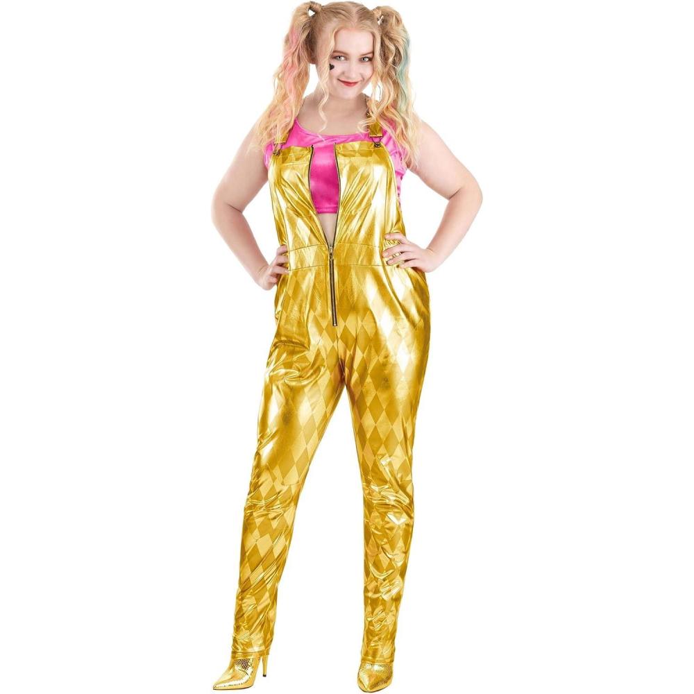 imageWomens Plus Size Harley Quinn Costume Gold Overalls Harlequin Outfit for Heroes ampamp Villains Cosplay ampamp Halloween
