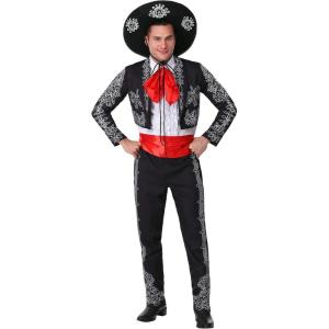 Adult Three Amigos Halloween Costume | Men’s Black Mariachi Suit Costume with Jacket, Shirt, Pants, Tie, Cummerbund, Hat(Costume)