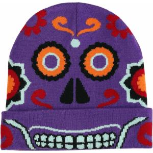 Day of the Dead Knit Beanie Hat with Turned Up Cuff and Sugar Skull Graphics