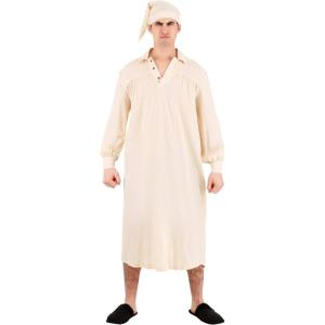 Ebeneezer Scrooge Costume for Men, Adult Beige Christmas Carol Humbug Nightgown with Cap Halloween Costume