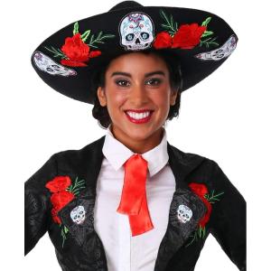 Fun Costumes Day of the Dead Adult Sombrero – Colorful Wide Brim Hat with Skull and Red Rose Embroidery