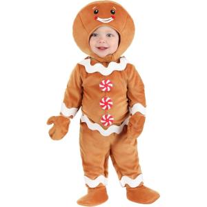 Gingerbread Cookie Infant Costume | Christmas Jumpsuit, Hood, Peppermint Buttons | Holiday Outfit