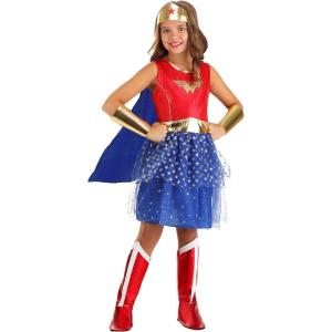 Girl’s Caped Wonder Woman Costume, Red White & Blue Tutu Dress, Superhero Outfit with Cape & Gold Tiara