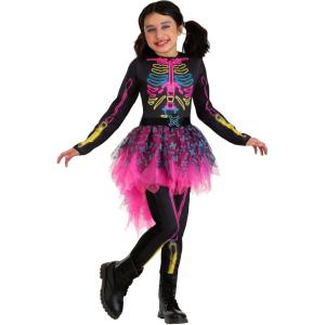 Girls Neon Skeleton Costume Dress with Leggings and Belt – Halloween Outfit with Tulle and Skull Details