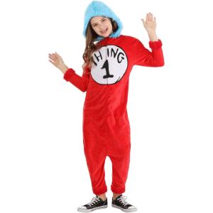 Kids Dr. Seuss Thing 1 Thing 2 Jumpsuit Costume – Officially Licensed with Faux Fur Hood & Felt Numbers