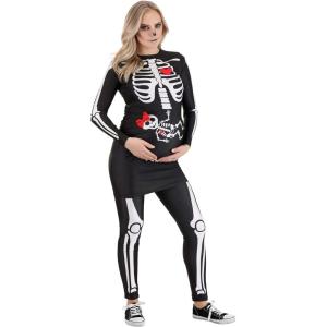 Maternity Pregnant Skeleton Costume – Dress with Printed Bones, Leggings, and Removable Ribbon Bow