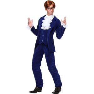 Mens 60’s Spy Swinger Deluxe Halloween Costume | Adult Shagadelic Outfit with Navy Blue Velvet with Lace Cuffs, Vest, & Pants(Costume)