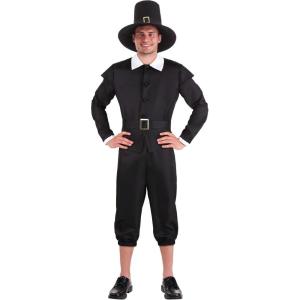 Mens Plus Size Pilgrim Halloween Costume, Adult Gabardine Outfit With Jacket, Pants, Belt, And Hat