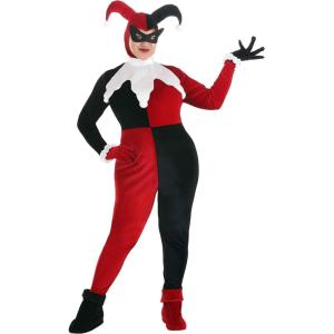 Plus Size Women’s Harley Quinn Costume with Jumpsuit, Mask, Hood, Gloves, and Shoe Covers – Officially Licensed