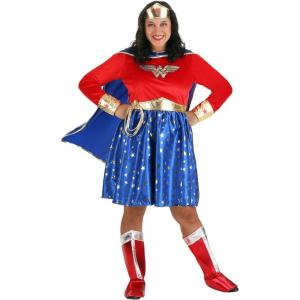 Plus Size Wonder Woman Costume, Red White & Blue Long Sleeve Dress Superhero Outfit & Cape for Halloween