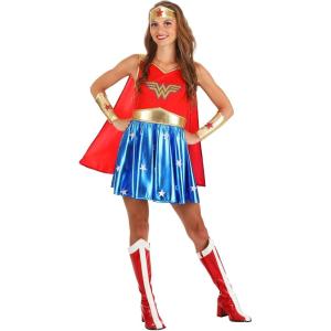 Women’s Caped Wonder Woman Costume, Red White & Blue Superhero Outfit with Cape & Crown Accessory for Halloween