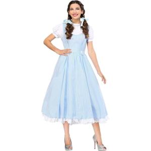Womens Dorothy Halloween Costume | Adult Kansas Girl Blue Checkered Dress with Hair Bows