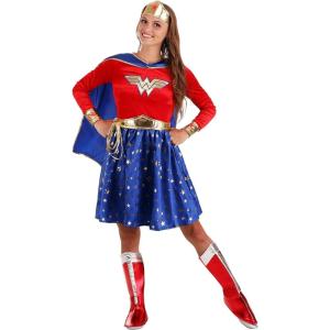 Wonder Woman Costume, Red White & Blue Long Sleeve Dress Superhero Outfit for Halloween