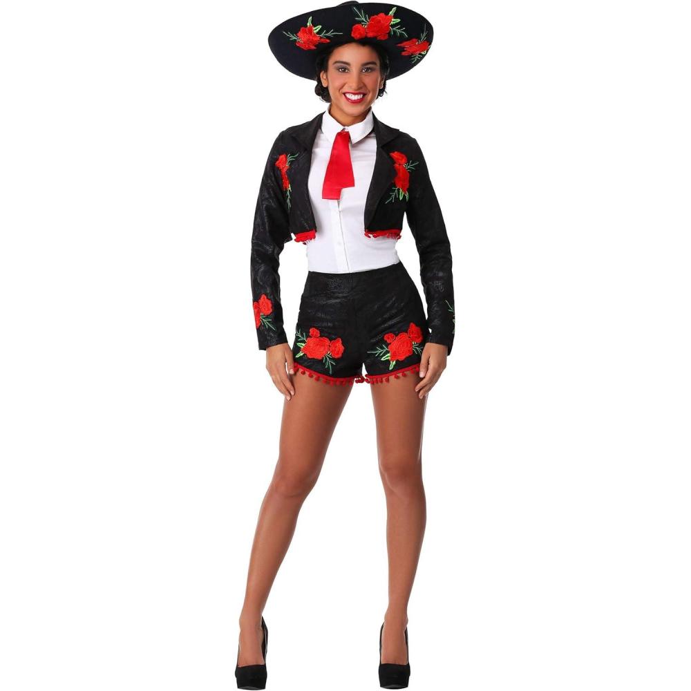 imageFlirty Mariachi Womens Costume Adult Mariachi Attire With Rose Embroidered Jacket Shorts Tie And Sombrero