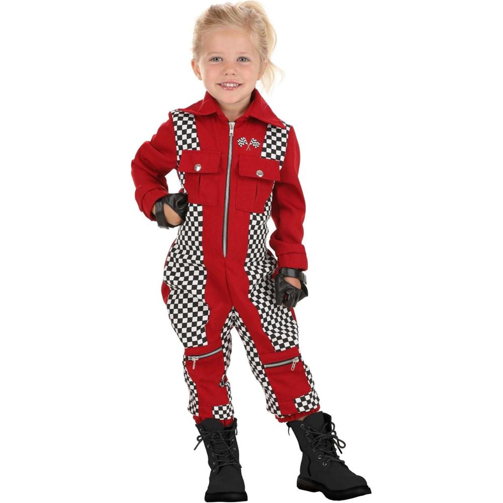 imageToddler Red Racer Jumpsuit For Girls Race Car Driver Costume With Red Jumpsuit And Checkered Panels With Faux Leather Gloves