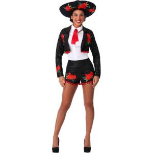 Flirty Mariachi Womens Costume, Adult Mariachi Attire With Rose Embroidered Jacket, Shorts, Tie, And Sombrero