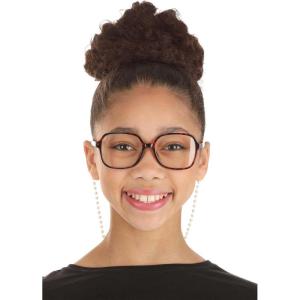 Fun Costumes Antidrop Prop Reading Glasses for Kids – Tortoiseshell Frames with Faux Pearl Neck Strap, Clear Lenses