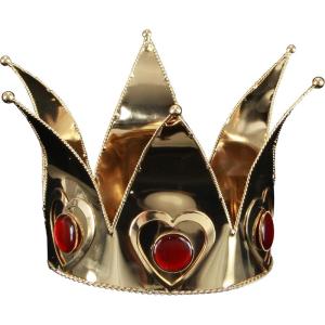 Mini Queen of Hearts Costume Crown for Adults – Gold Metal with Red Jewel Accents, Embossed Trim, Adjustable Fit