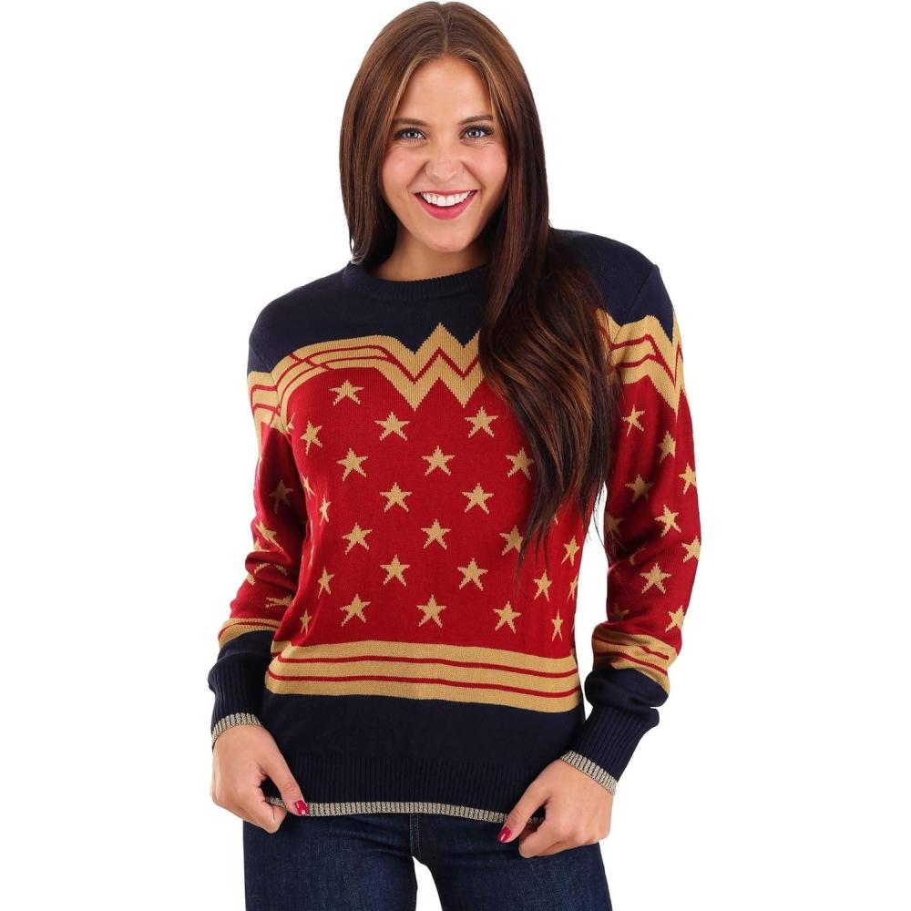 imageDC Comics Adult Wonder Woman Hero Ugly Christmas Sweater Superhero Holiday Xmas Sweaters Festive Knitted CrewneckMulticolored