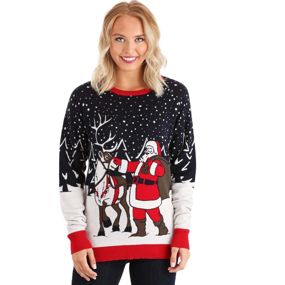 imageFUNCOM Adult Santa ampamp Reindeer Unisex Ugly Christmas SweaterWhite