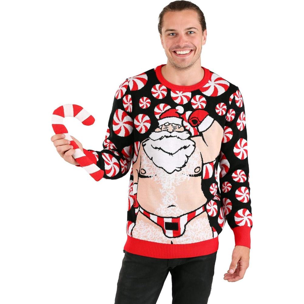 imageFun Costumes Santa Claus Candy Cane Ugly Christmas Sweater Acrylic RibKnit Cuffs Stuffed Candy CaneRed