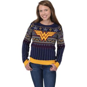 Adult DC Comics Navy Blue Wonder Woman Ugly Christmas Sweater, Superhero Themed Holiday Sweaters for Men & Women(Blue)