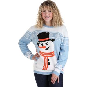 Adult Friendly Snowman Ugly Christmas Sweater – Soft Knit with Ribbed Cuffs, Snowman Graphic(Blue)
