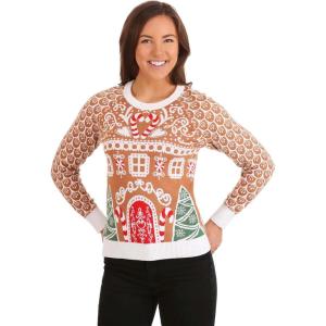 FUN.COM Women’s Gingerbread House Ugly Christmas Sweater, Festive Christmas Sweaters, Knitted Xmas Holiday Crewnecks(Brown)