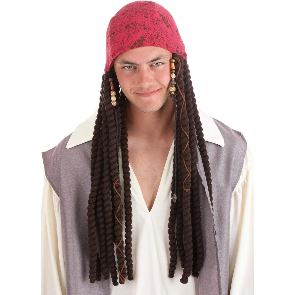 imageDisney Jack Sparrow Adult Bandana and Dreads Set  PreTied Bandana with Yarn Dreadlocks Officially LicensedBundle W Wig Cap
