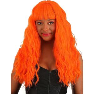 Fun Costumes Women’s Fiery Orange Long Wavy Wig – Straight Bangs Shoulder Length Synthetic Cosplay Wig for Women ST(Standard)